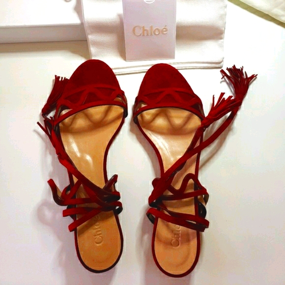 Brand New Chloe Red Suede Lace-up Sandals - Picture 3 of 7
